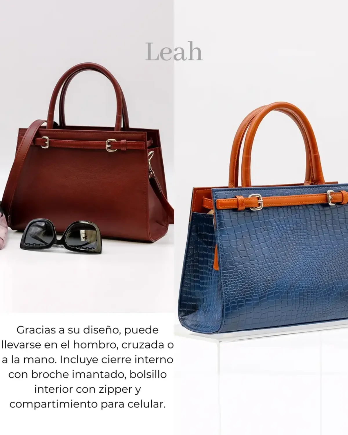 Bolsos de cuero sobre fondo neutro de la colección Leah