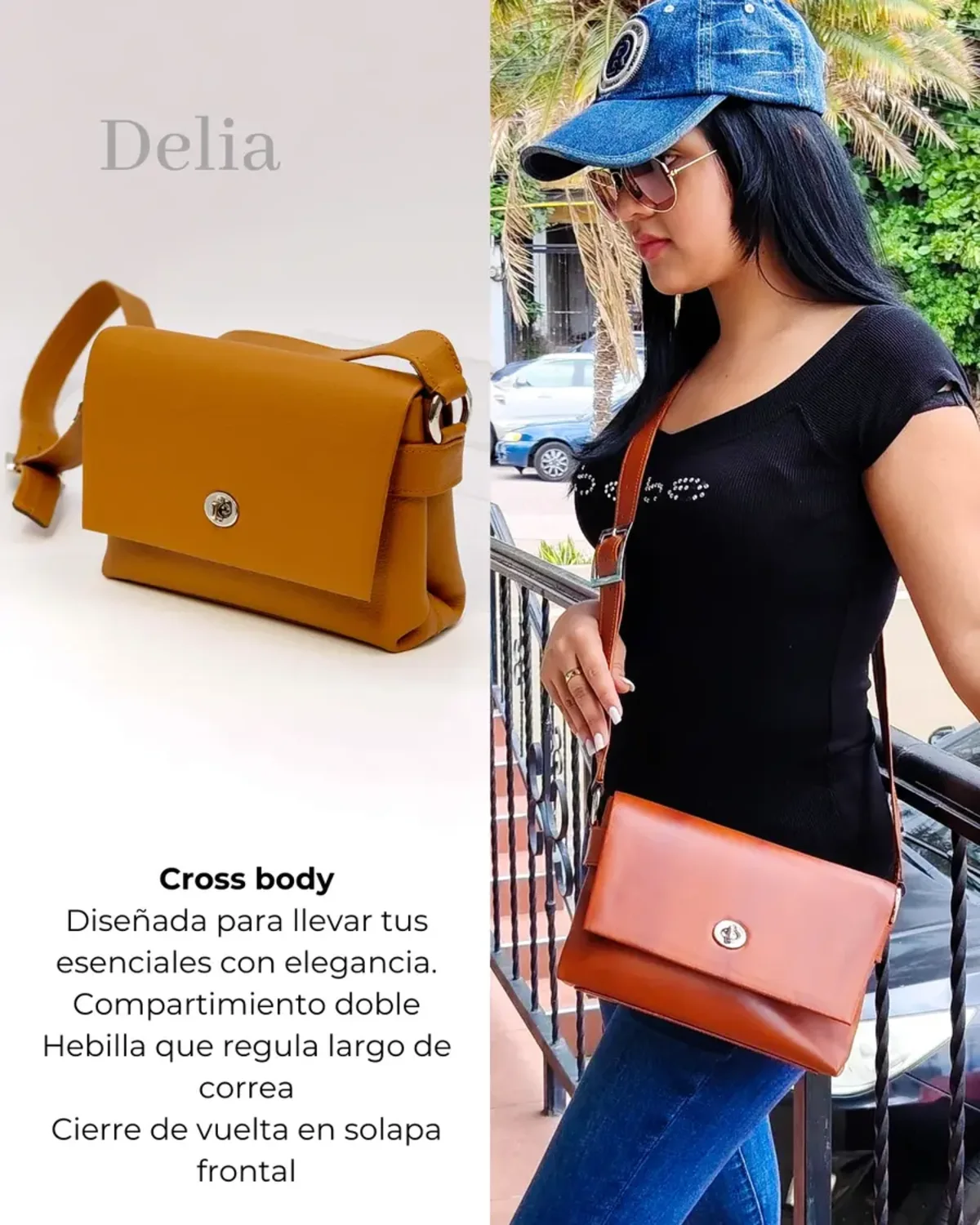 Modelo con crossbody de cuero de la campaña Delia